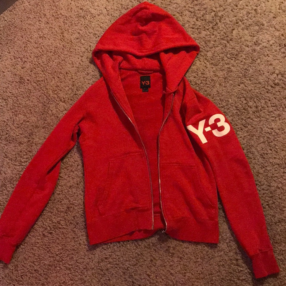 Y-3 red zip up sweatshirt